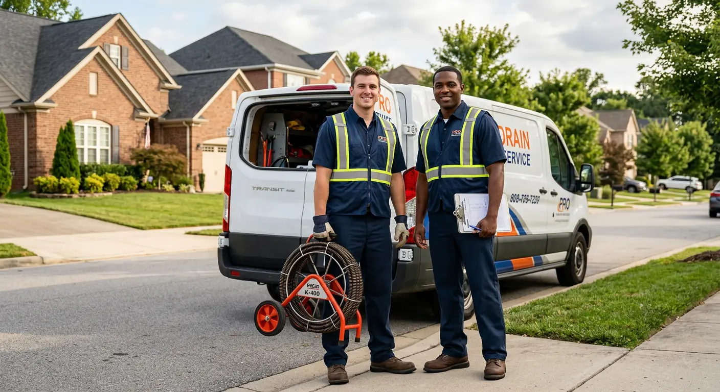 Sewer and drain service team with equipment ready for work in Norton Shores