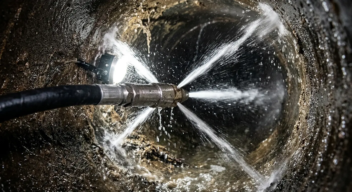 High-pressure hydro jetting nozzle cleaning sewer pipe for Trenchless Sewer Repair in Norton Shores