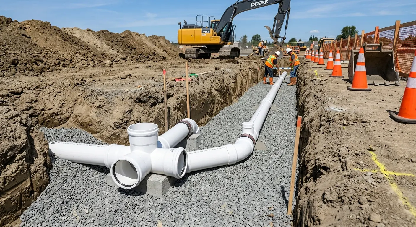 New PVC sewer pipe installation in open trench for Sewer Backup in Norton Shores