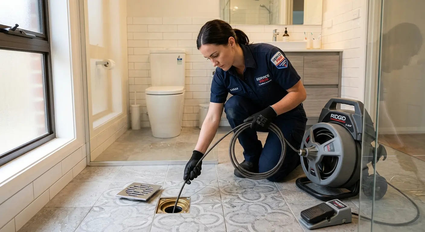 Technician clearing a bathroom floor drain for Drain Cleaning in Norton Shores